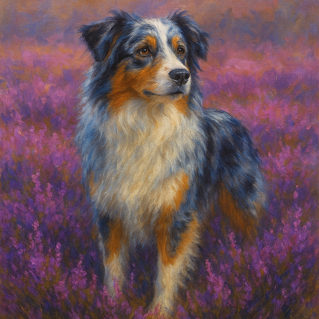 Australian Shepherd in Blooming Heather Field No. 11 Fine Art Oil Painting - View 1