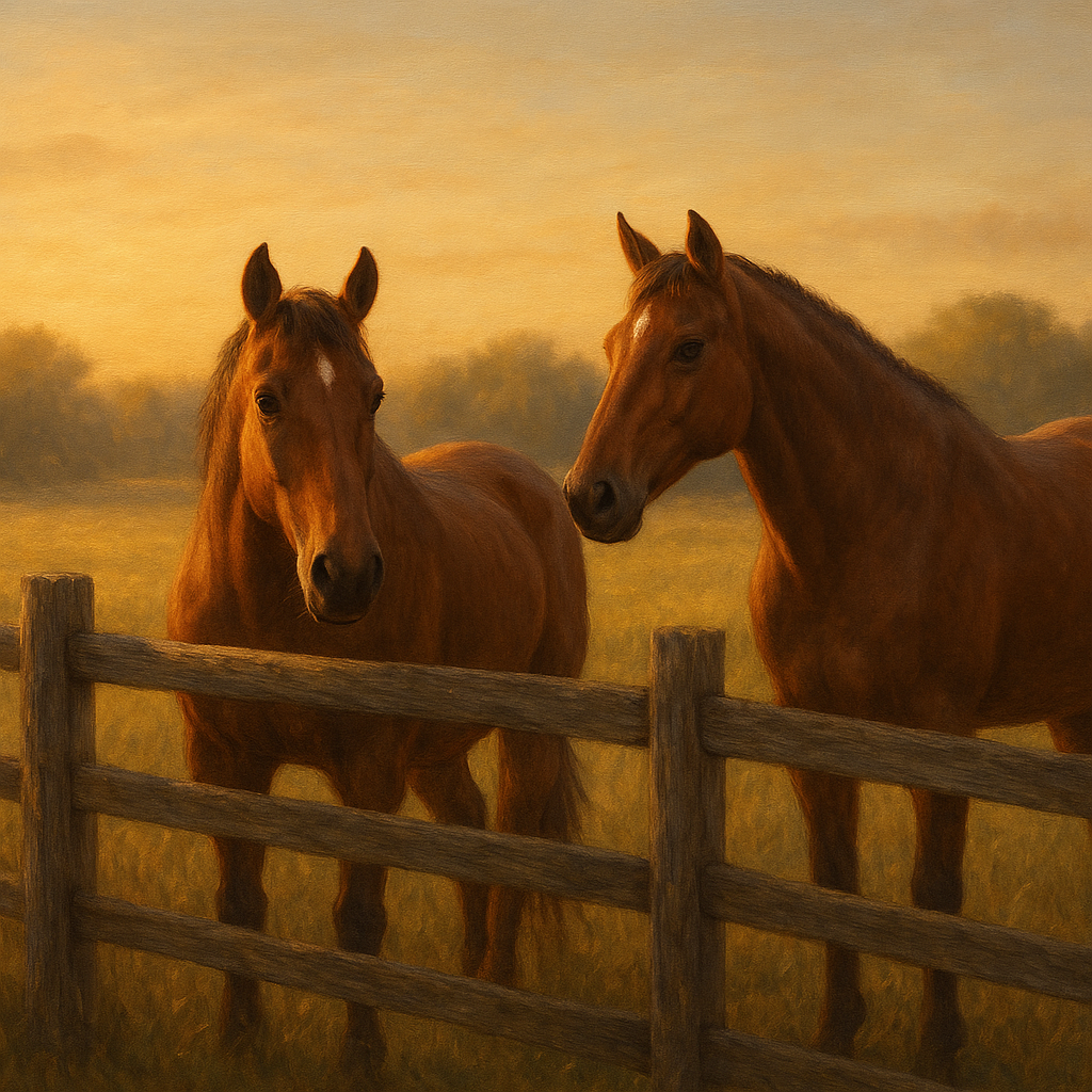Two Horses at Rustic Post & Rail Fence No. 8 Oil Painting - View 1