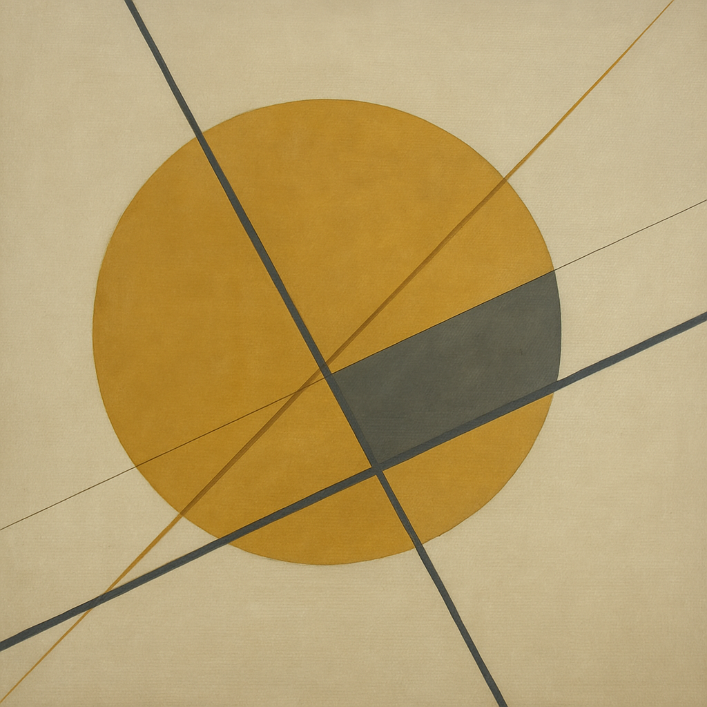 Abstract Tangent Lines & Earthy Ochre Disc No. 6 Oil Painting - View 1