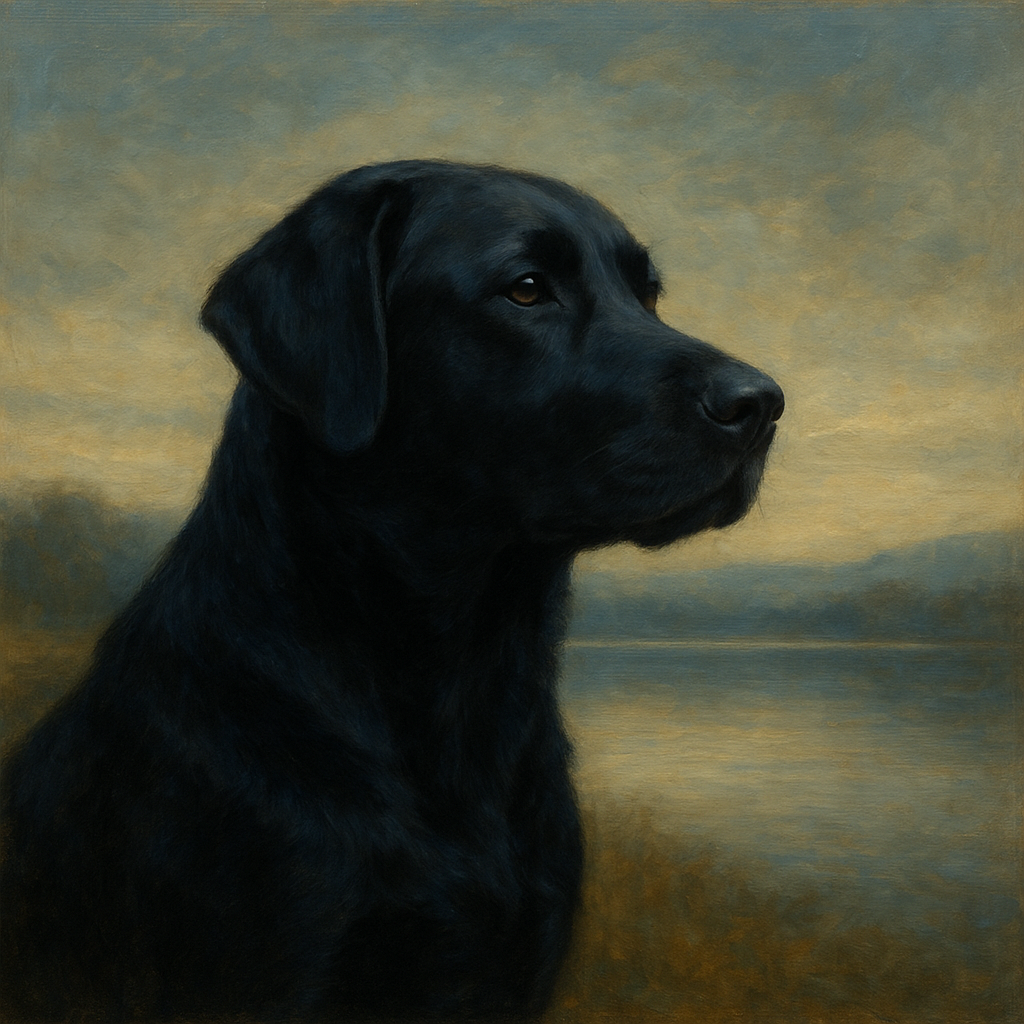 Black Labrador Retriever by Misty Lake Horizon No. 11 Fine Art Oil Painting - View 1