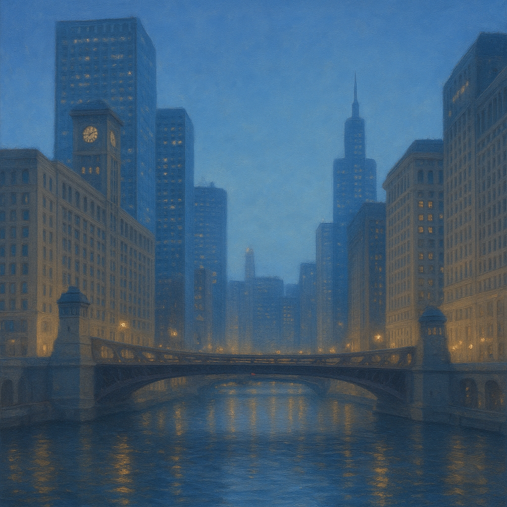 Chicago Riverfront Architecture at Blue Hour No. 10 Oil Painting - View 1