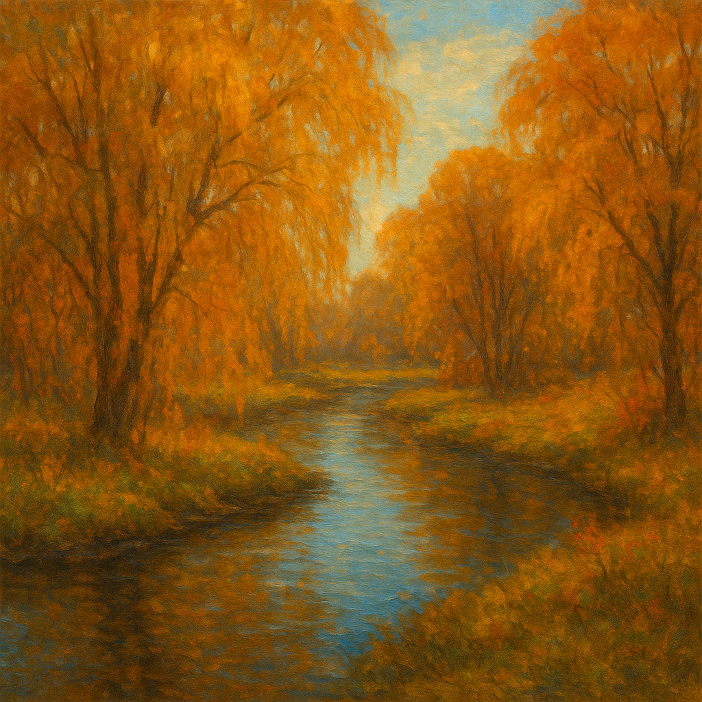 Tranquil River through Autumn Willow Woods No. 6 Fine Art Oil Painting - View 1