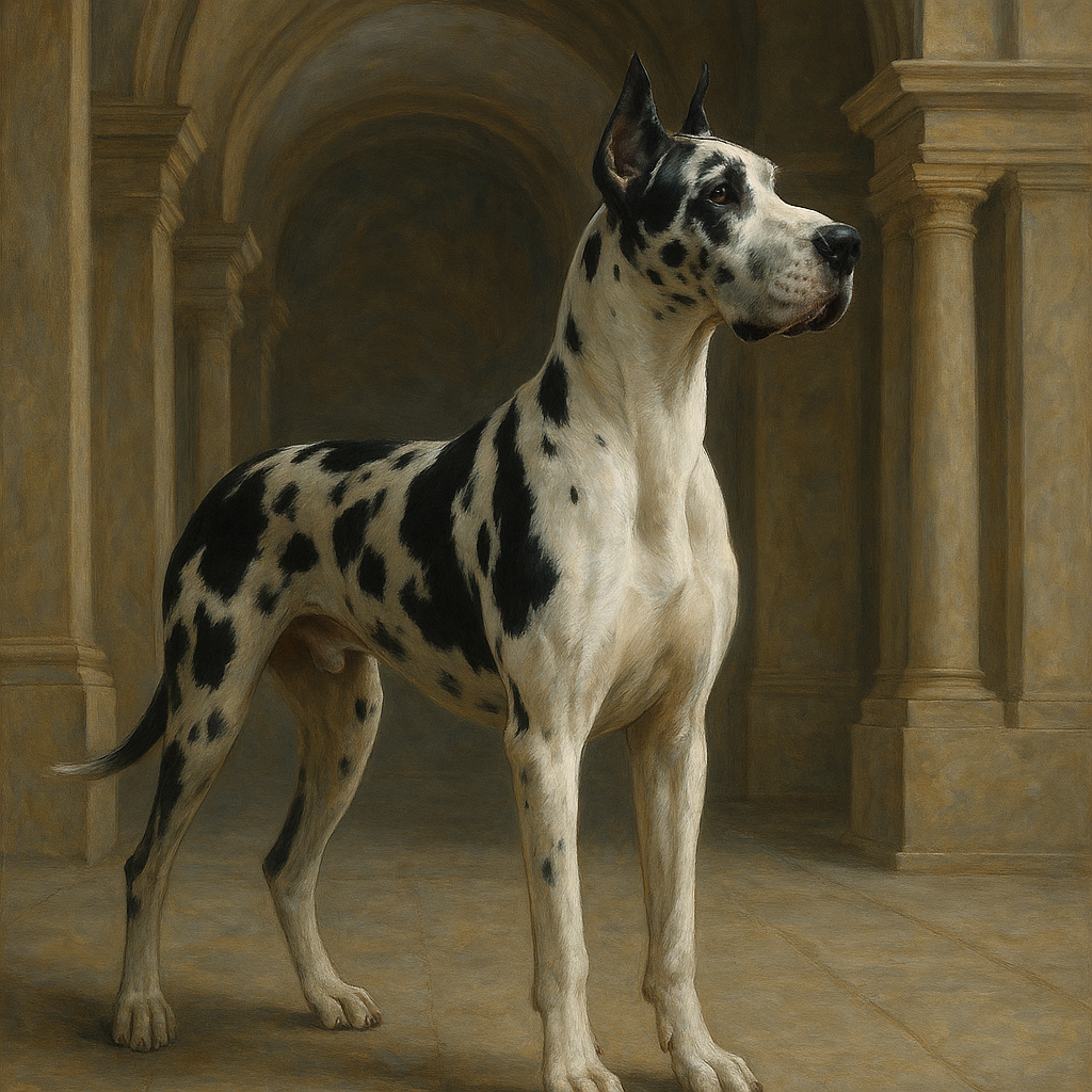Regal Great Dane in Grand Architectural Hall No. 2 Fine Art Oil Painting - View 1