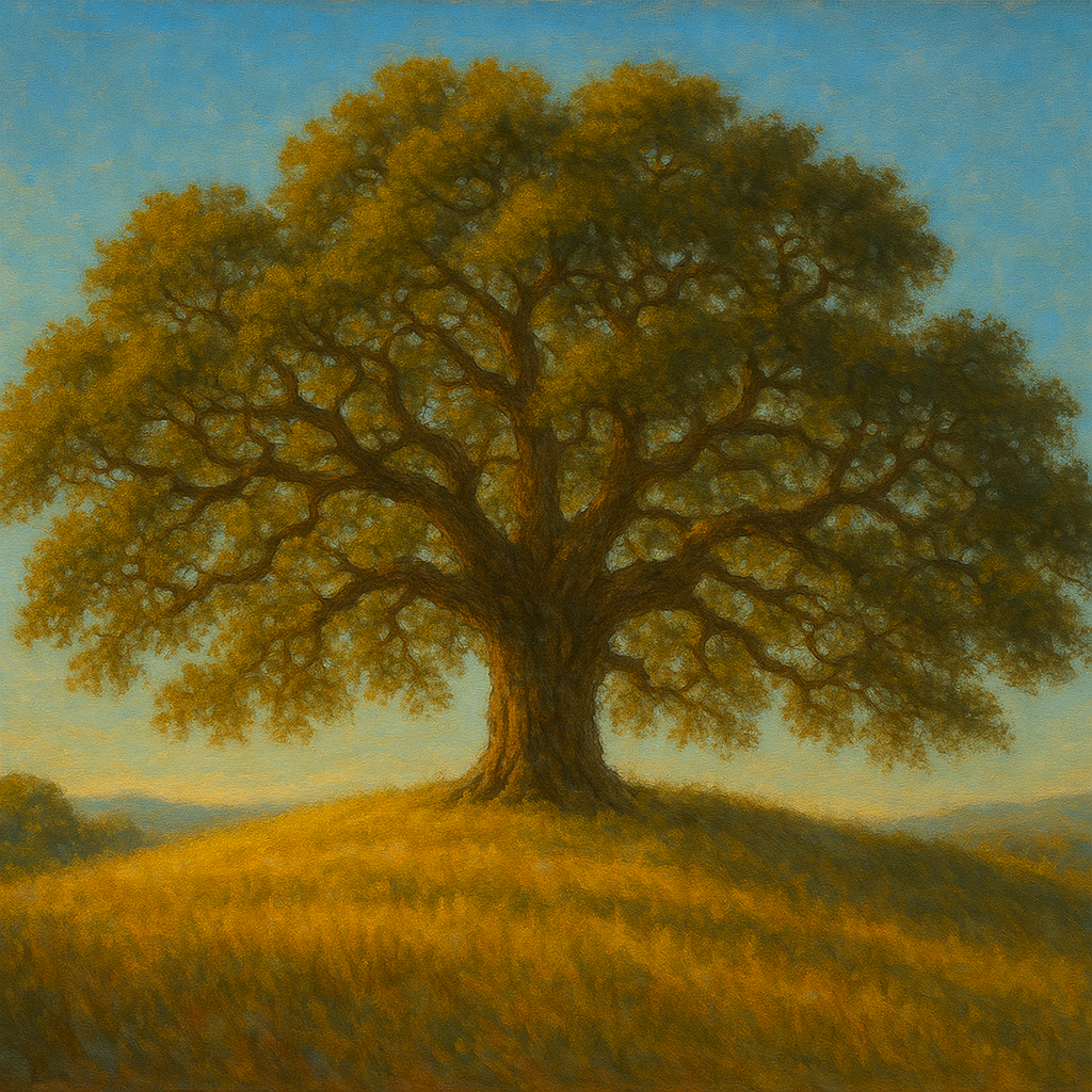 Old Oak Tree on Sunlit Meadow Ridge No. 2 Fine Art Oil Painting - View 1