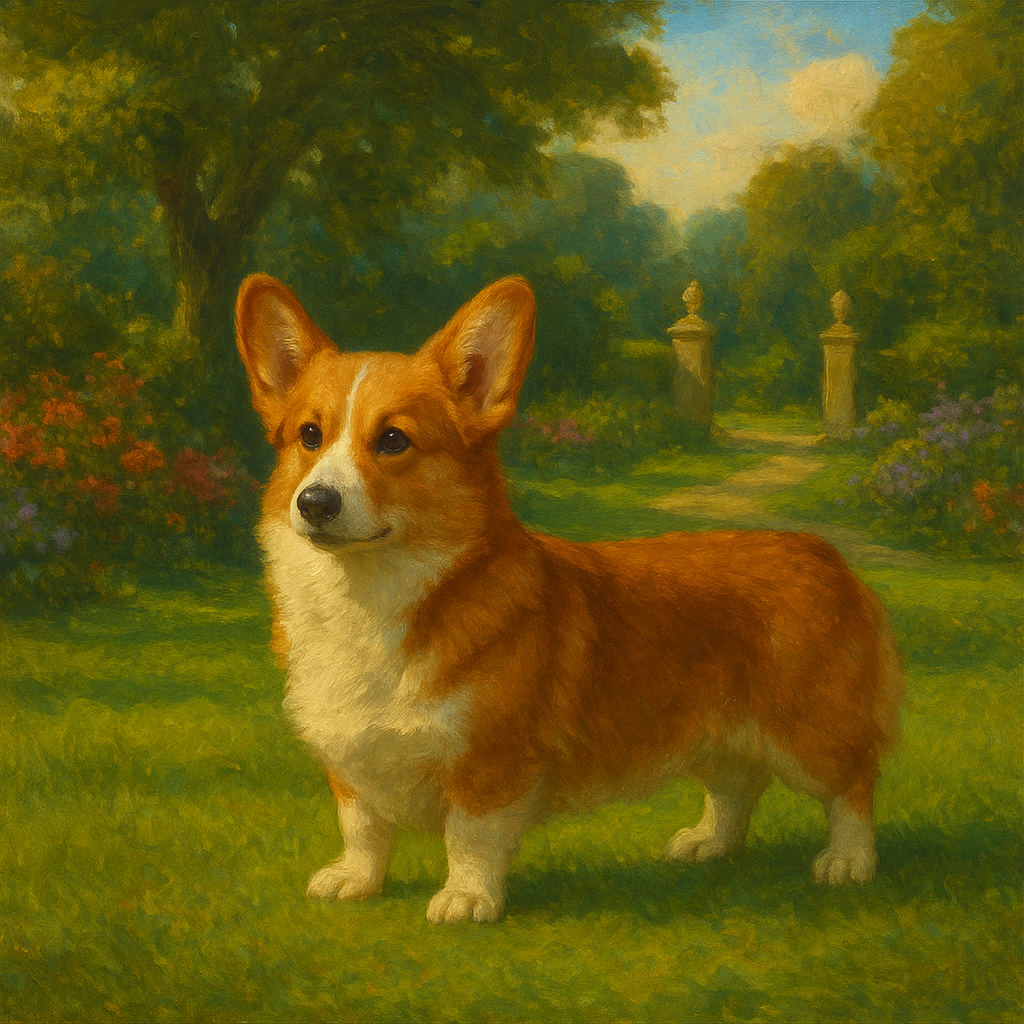 Pembroke Welsh Corgi in Royal English Garden No. 10 Fine Art Oil Painting - View 1