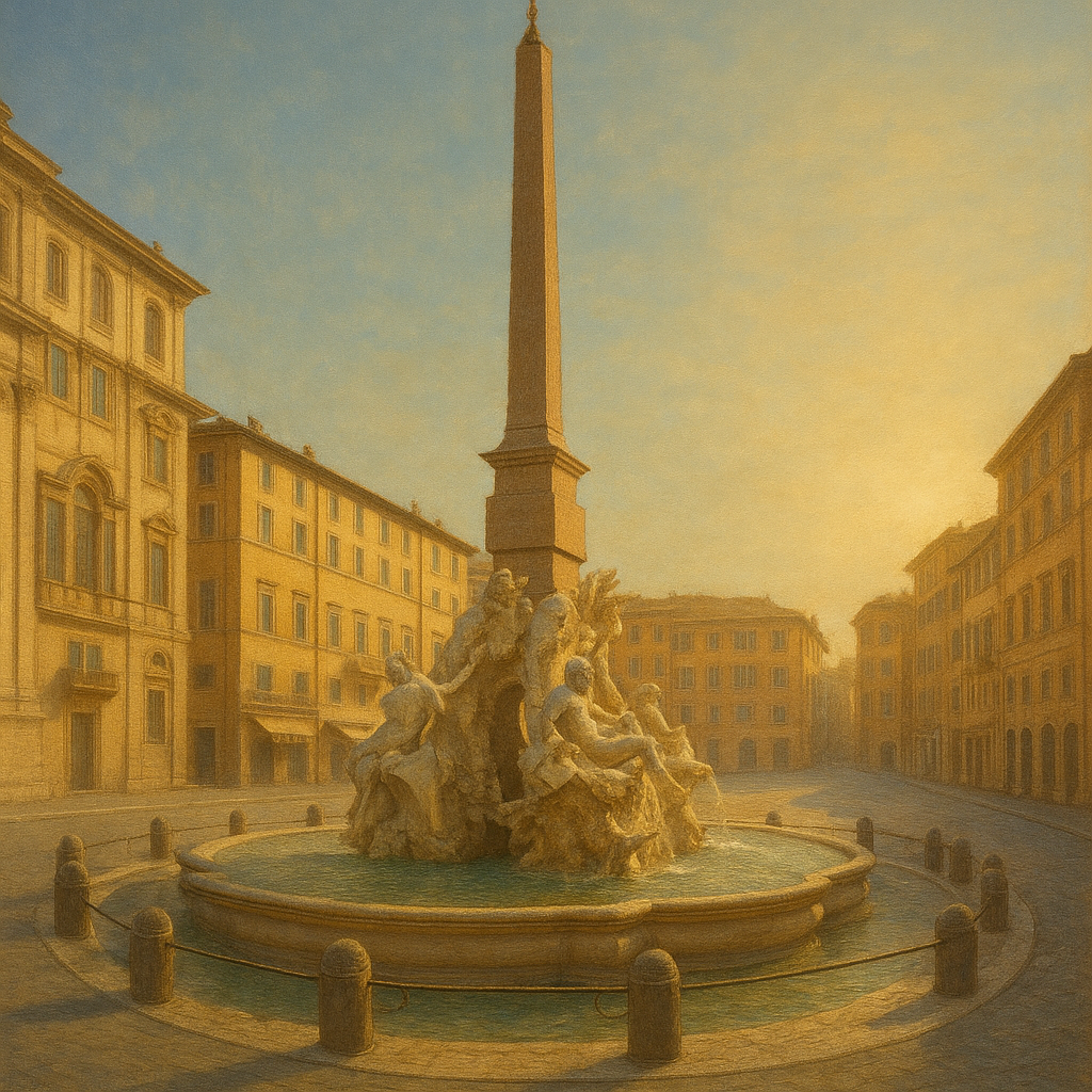Rome Piazza Fountain in Morning Sunlight No. 14 Oil Painting - View 1