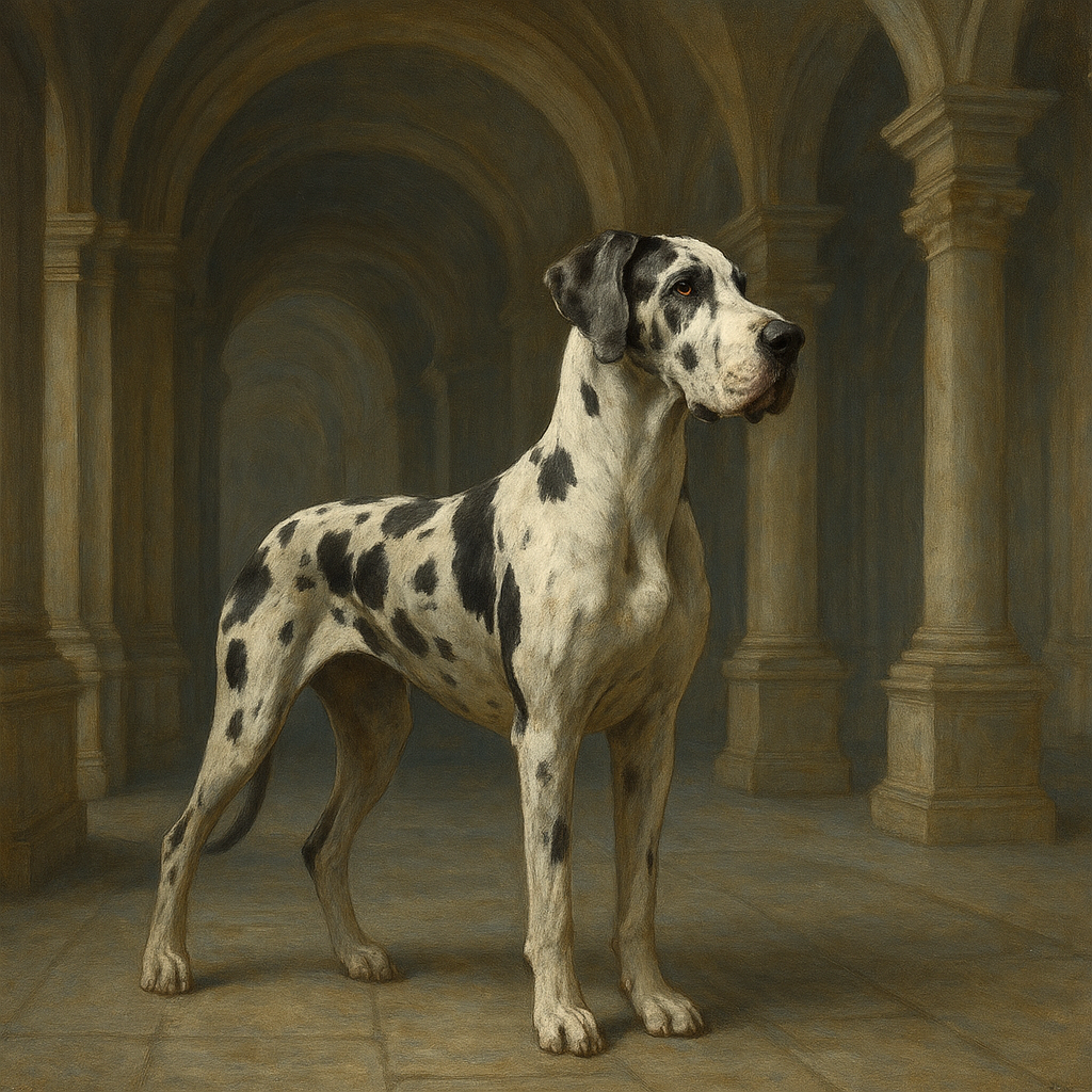 Regal Great Dane in Grand Architectural Hall No. 4 Fine Art Oil Painting - View 1