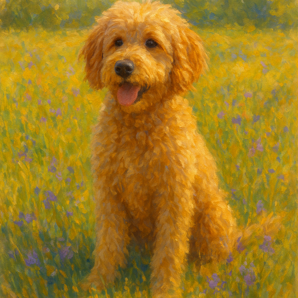 Fluffy Goldendoodle in Sun-Drenched Meadow No. 7 Fine Art Oil Painting - View 1