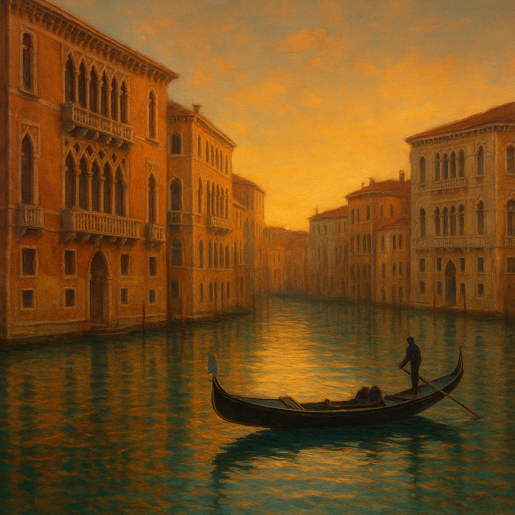 Venetian Canal Palaces at Golden Hour Oil Painting - View 1