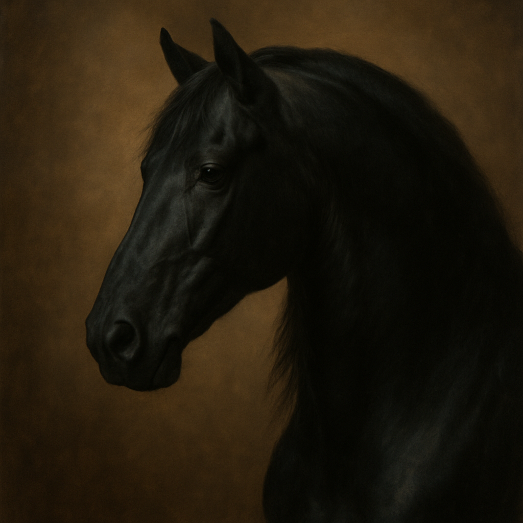 Dark Stallion Portrait in Classical Sfumato No. 4 Oil Painting - View 1