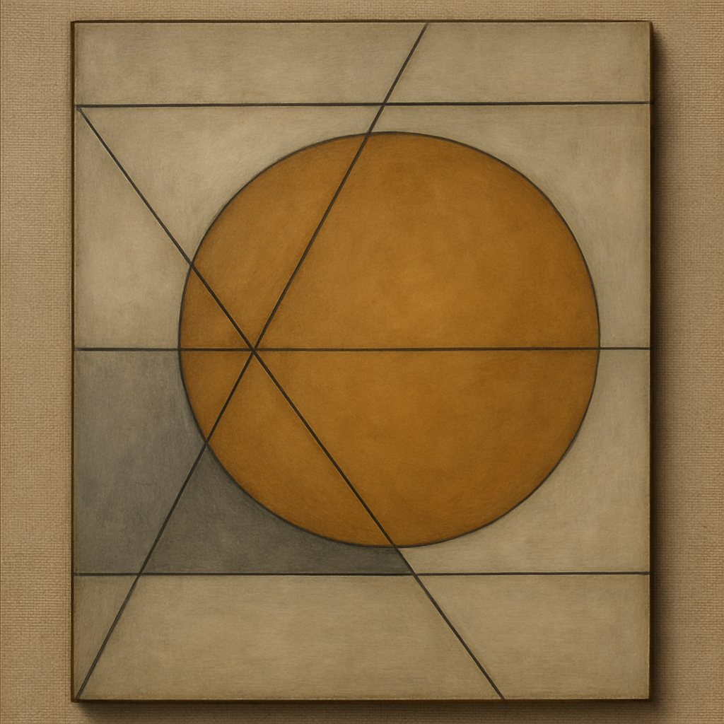 Abstract Tangent Lines & Earthy Ochre Disc No. 20 Oil Painting - View 1