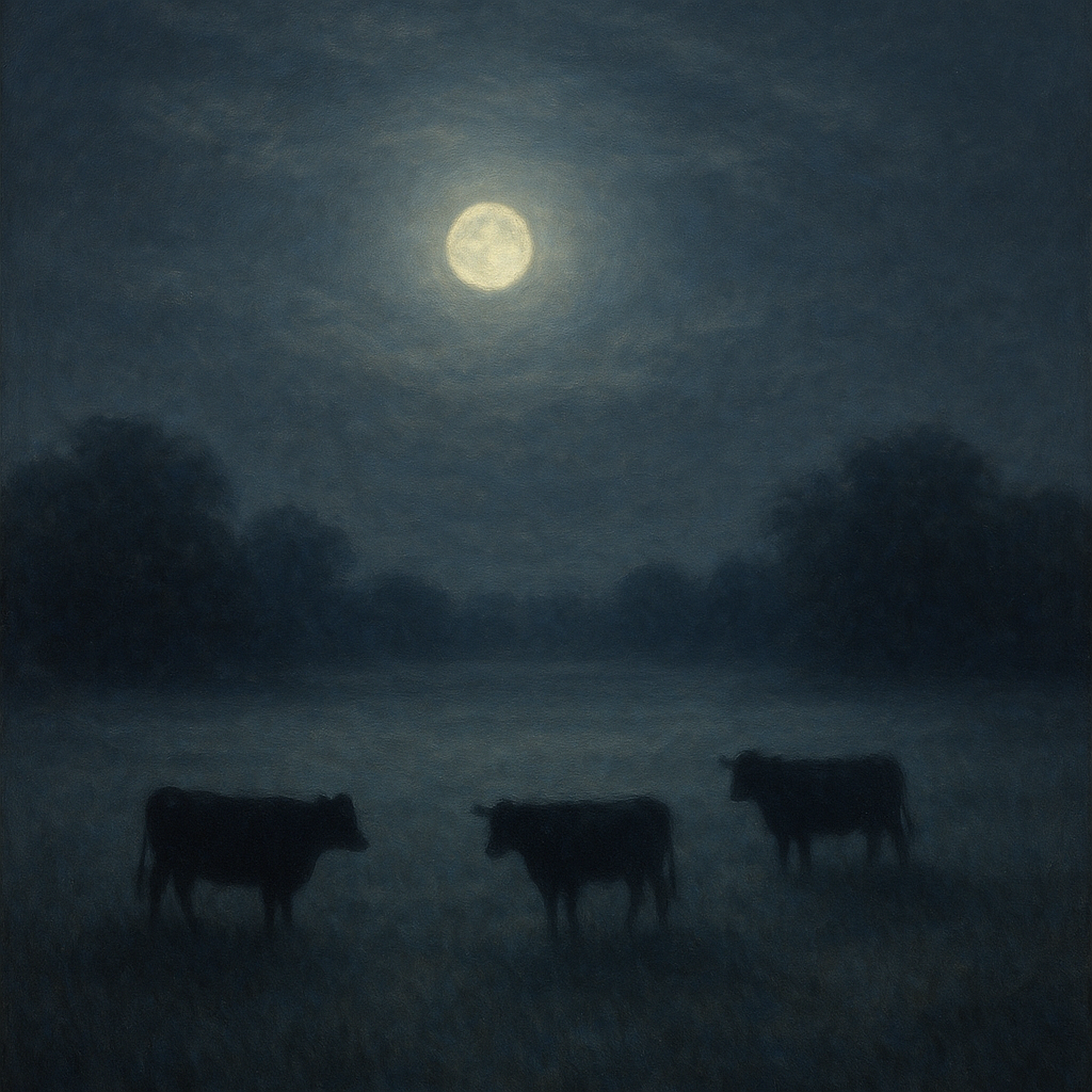 Moonlit Pastoral Meadow & Cattle Silhouettes No. 2 Oil Painting - View 1