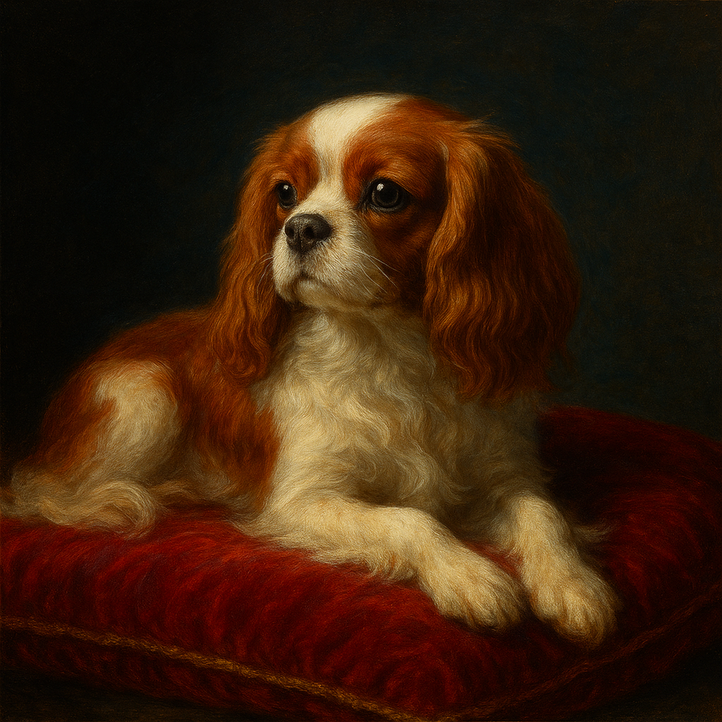 Cavalier King Charles Spaniel on Velvet Cushion No. 11 Fine Art Oil Painting - View 1