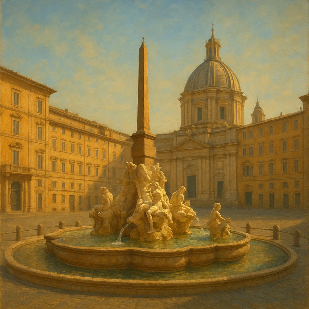 Rome Piazza Fountain in Morning Sunlight No. 17 Oil Painting - View 1