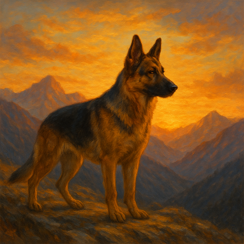German Shepherd Standing in Alpine Sunset No. 3 Fine Art Oil Painting - View 1
