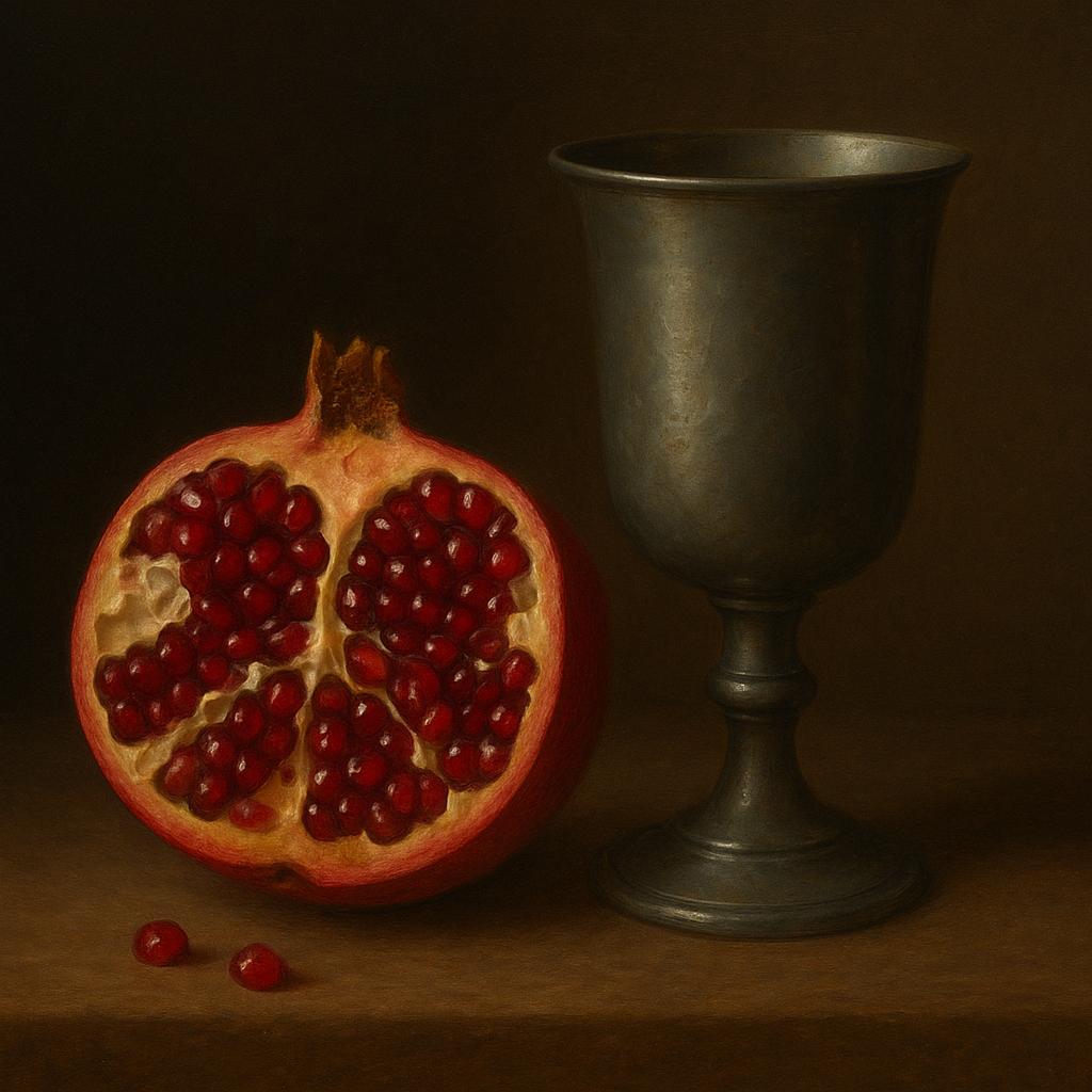 Pomegranate & Vintage Pewter Goblet No. 2 Oil Painting - View 1