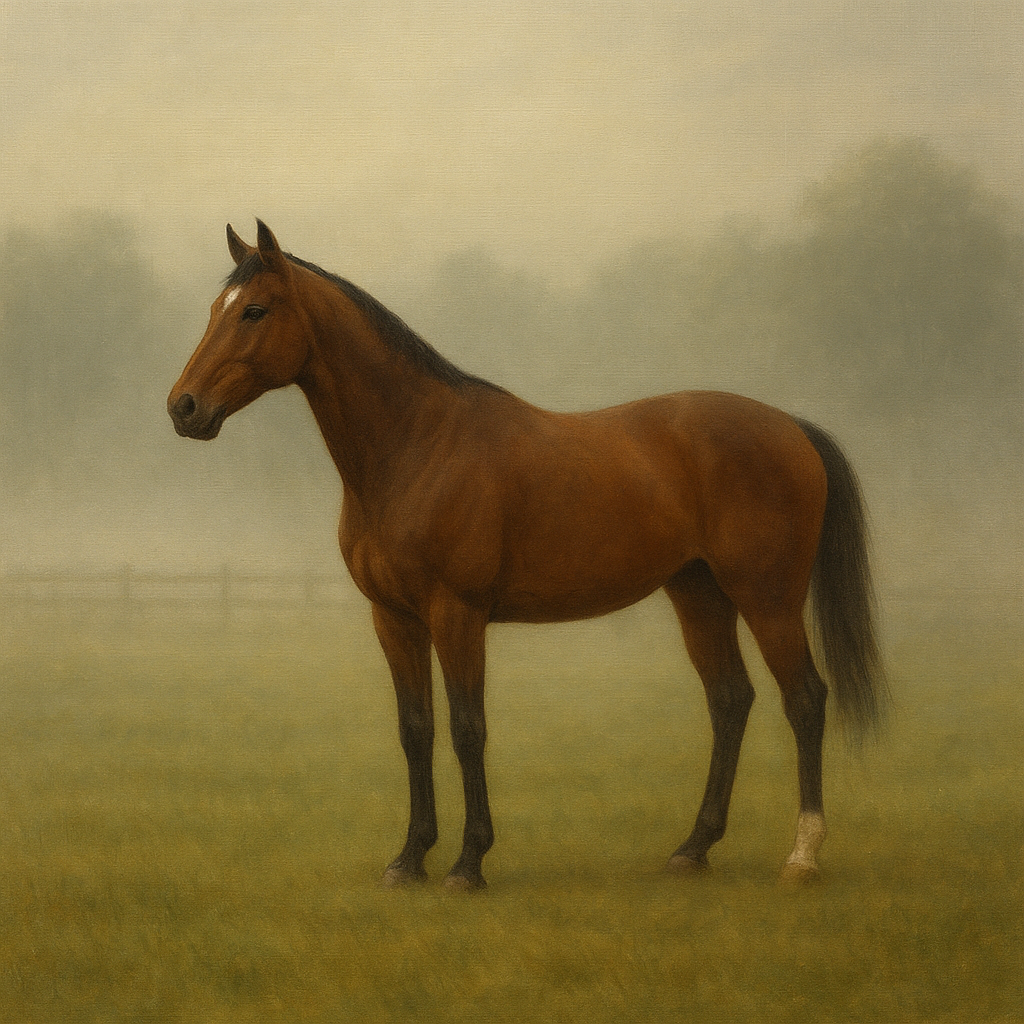 Thoroughbred in Morning Pasture Mist No. 17 Oil Painting - View 1