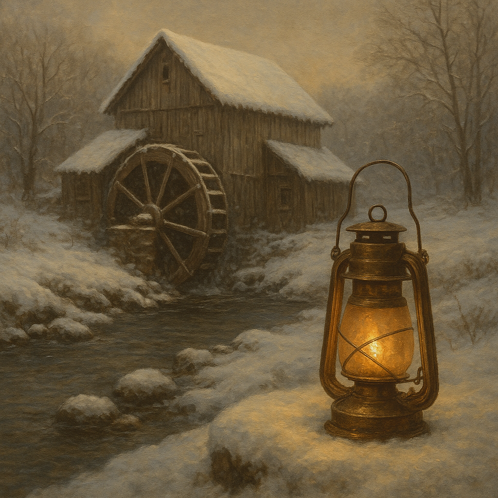 Snowy Mill Stream & Glowing Lantern No. 7 Oil Painting - View 1