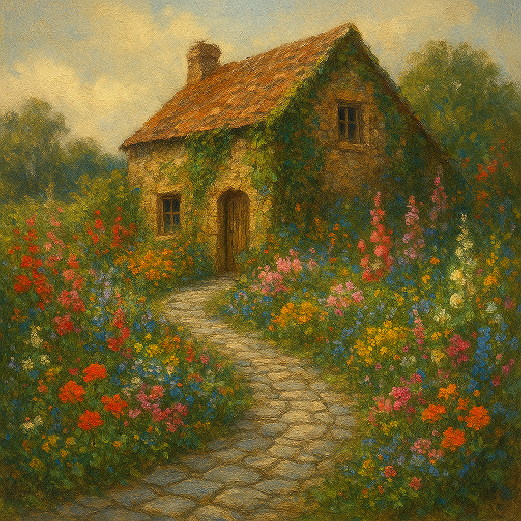 Rustic Stone Cottage Path with Wild Garden Blooms Fine Art Oil Painting - View 1