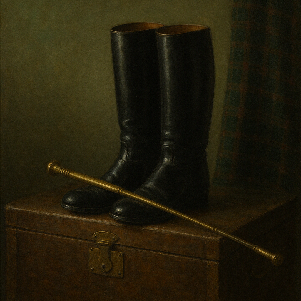 Vintage Riding Boots & Brass Crop on Trunk Oil Painting - View 1