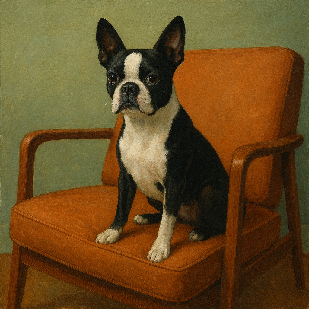 Boston Terrier in Warm Mid-Century Armchair No. 13 Fine Art Oil Painting - View 1
