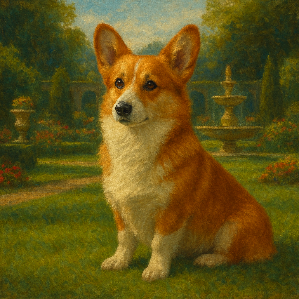Pembroke Welsh Corgi in Royal English Garden No. 6 Fine Art Oil Painting - View 1