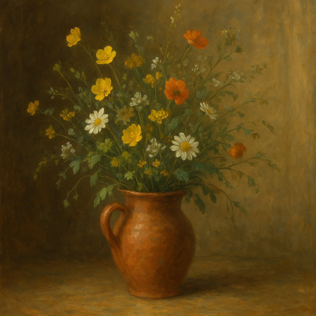 Vintage Meadow Wildflowers in Earthenware Jar No. 10 Fine Art Oil Painting - View 1