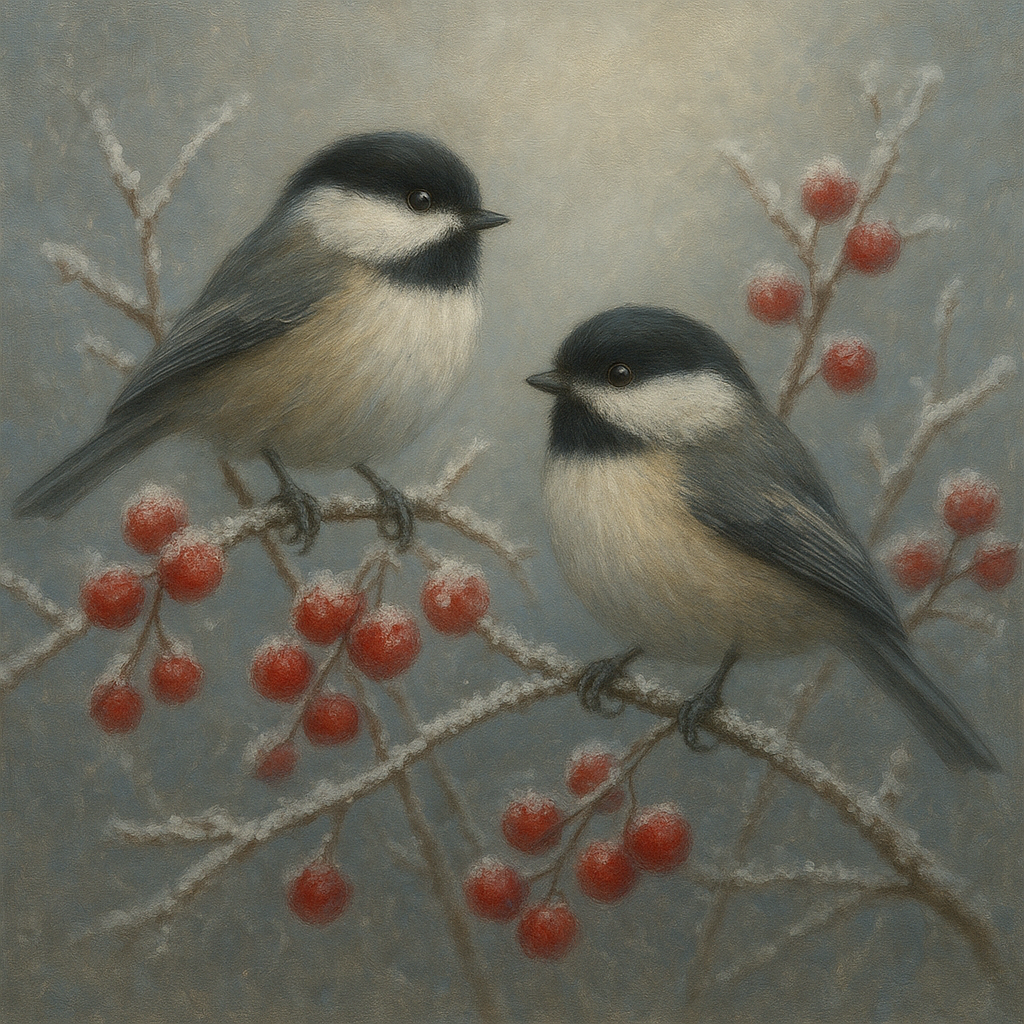 Winter Birds on Frosty Red Berry Branch No. 6 Oil Painting - View 1