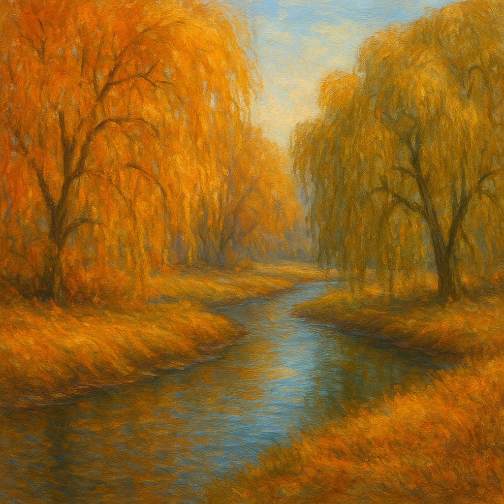 Tranquil River through Autumn Willow Woods Fine Art Oil Painting - View 1