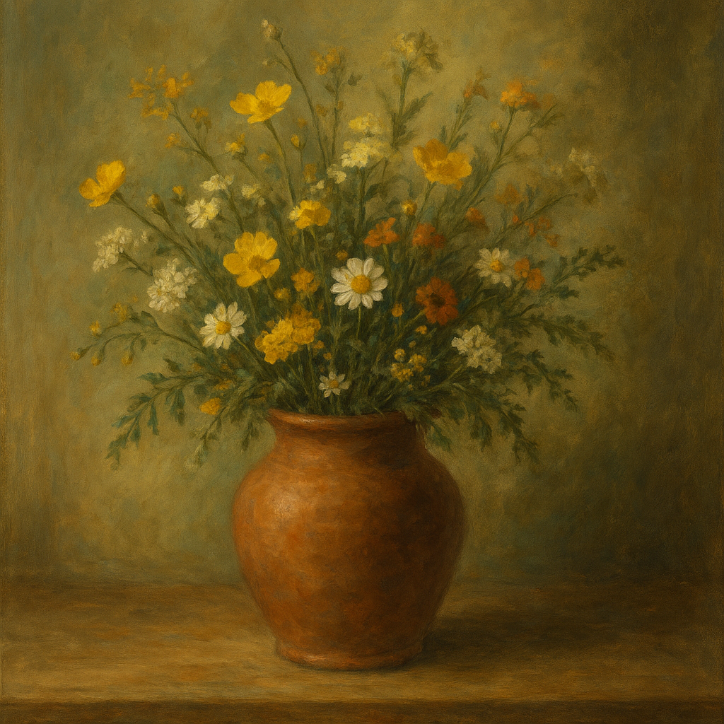 Vintage Meadow Wildflowers in Earthenware Jar No. 13 Fine Art Oil Painting - View 1