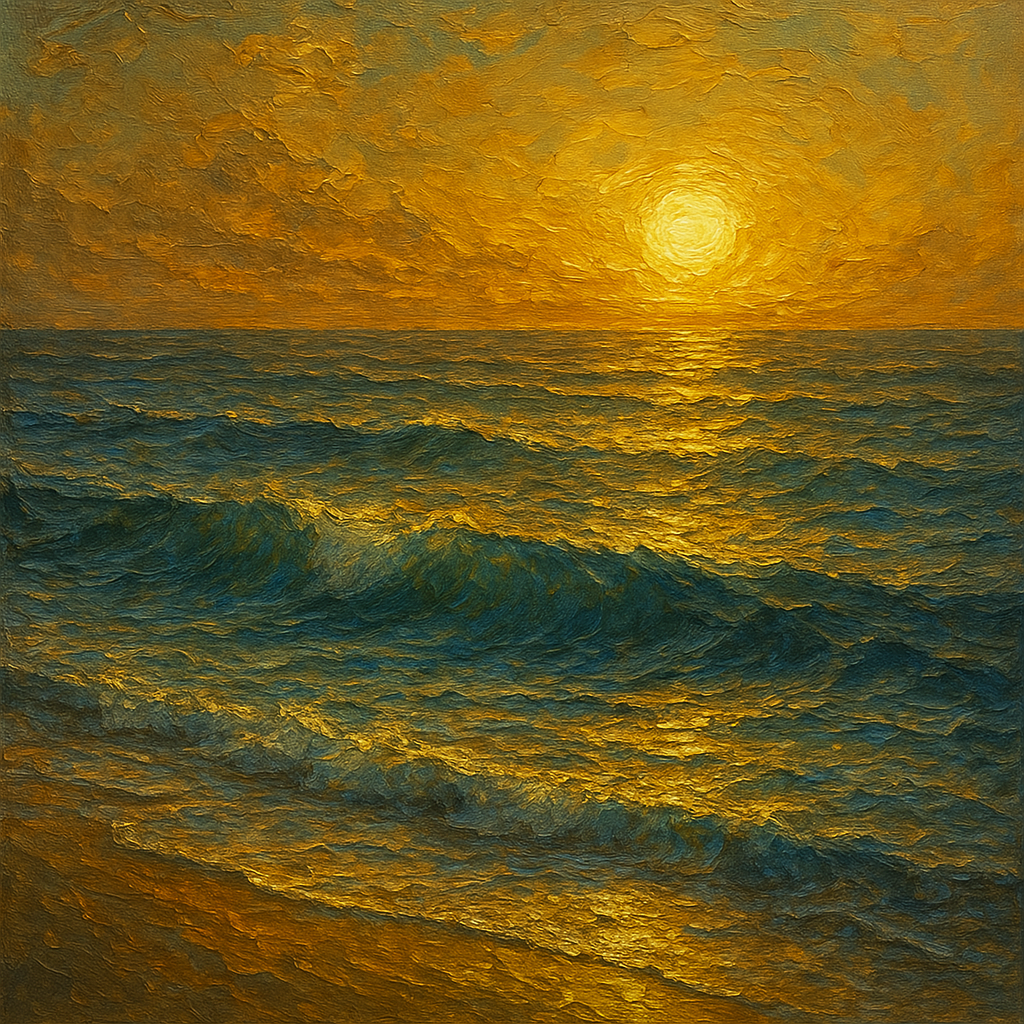 Gilded Sunset Over Pacific Waves Oil Painting - View 1