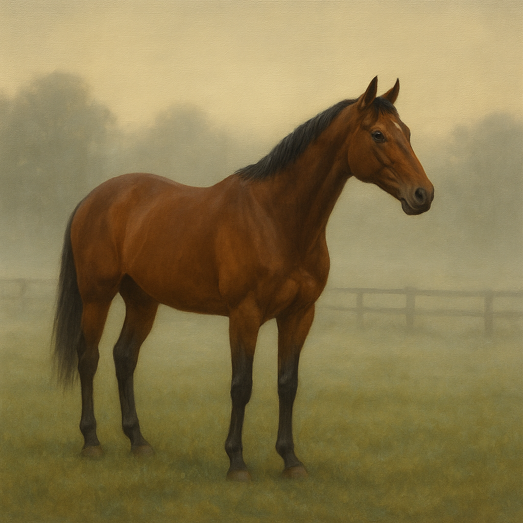 Thoroughbred in Morning Pasture Mist No. 11 Oil Painting - View 1