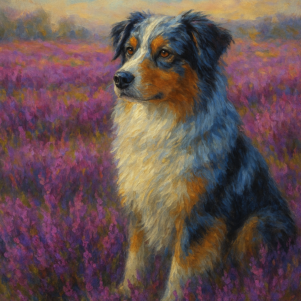 Australian Shepherd in Blooming Heather Field No. 9 Fine Art Oil Painting - View 1