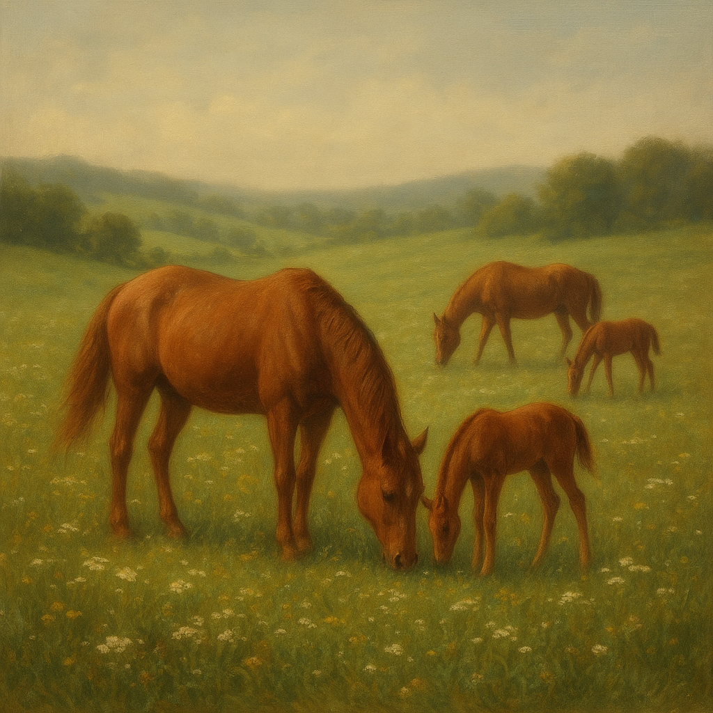 Mares & Foals Grazing in Rolling Meadow No. 3 Oil Painting - View 1