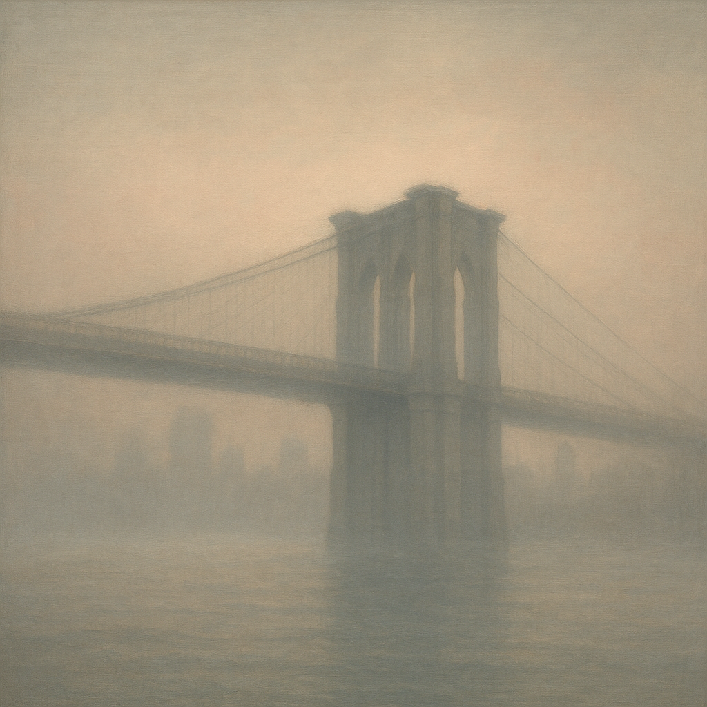 Brooklyn Bridge in Morning River Mist No. 25 Oil Painting - View 1
