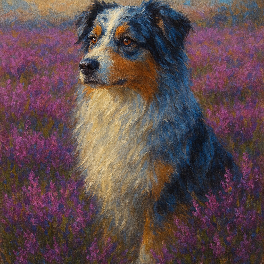 Australian Shepherd in Blooming Heather Field No. 13 Fine Art Oil Painting - View 1