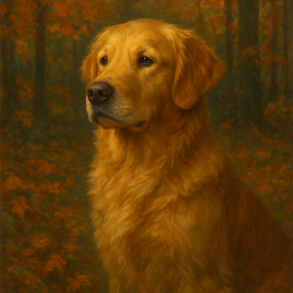 Noble Golden Retriever in Autumn Woods No. 2 Fine Art Oil Painting - View 1