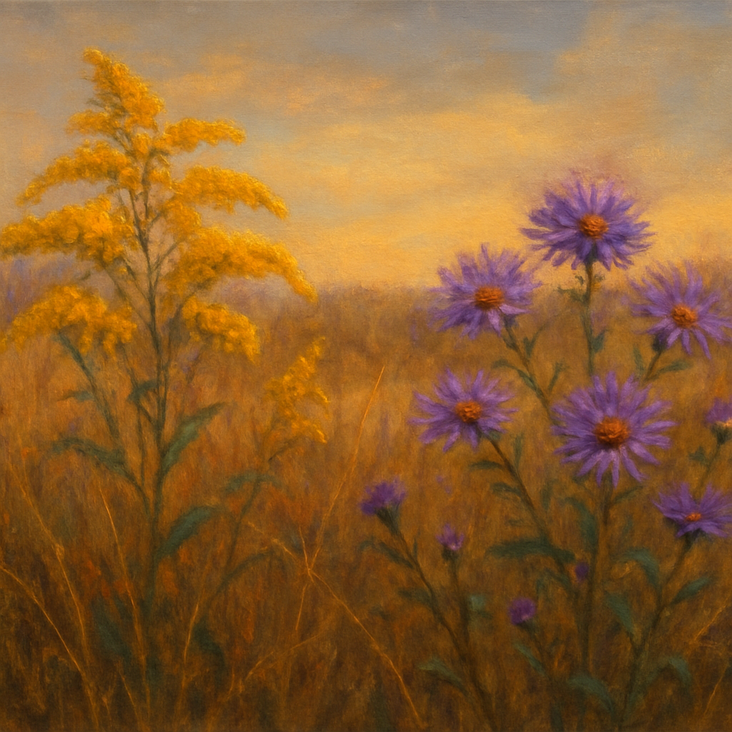 Goldenrod & Autumn Asters in Rustic Meadow No. 13 Fine Art Oil Painting - View 1