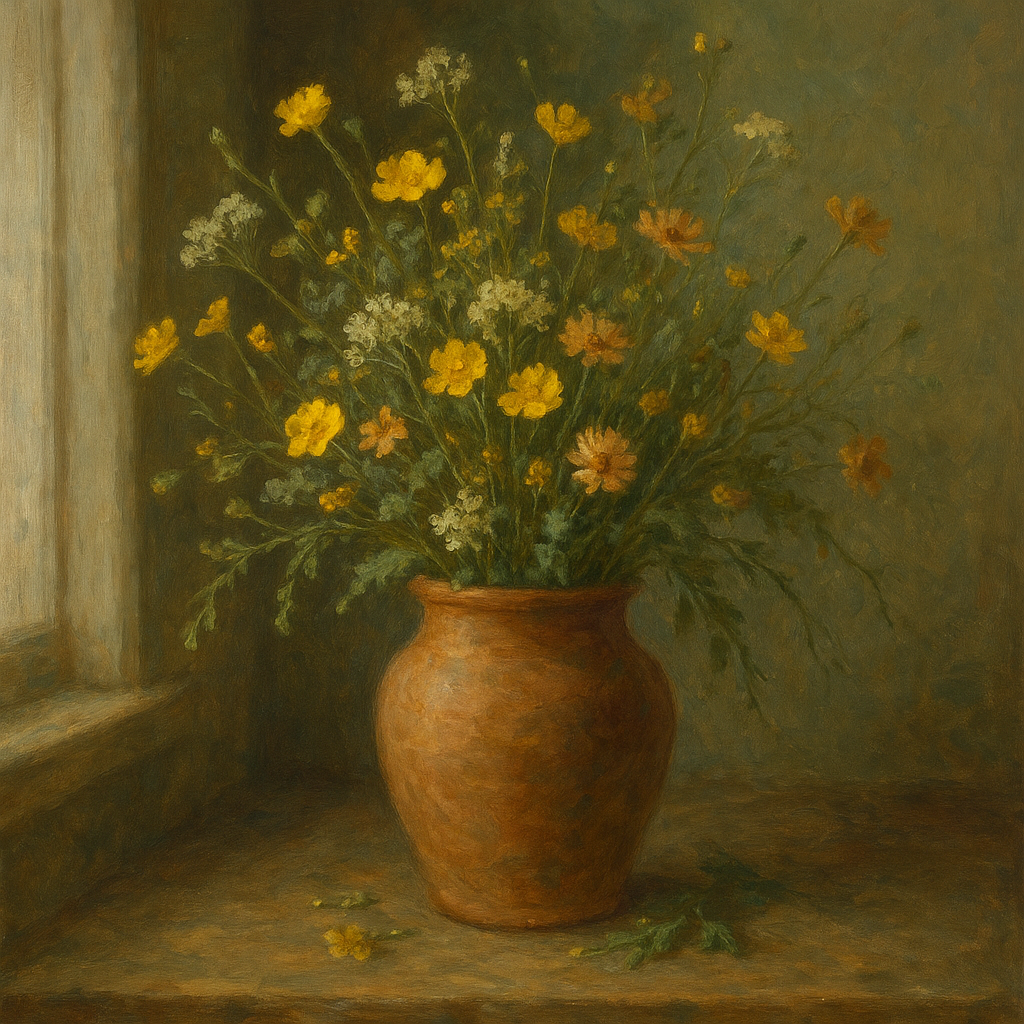 Vintage Meadow Wildflowers in Earthenware Jar No. 5 Fine Art Oil Painting - View 1