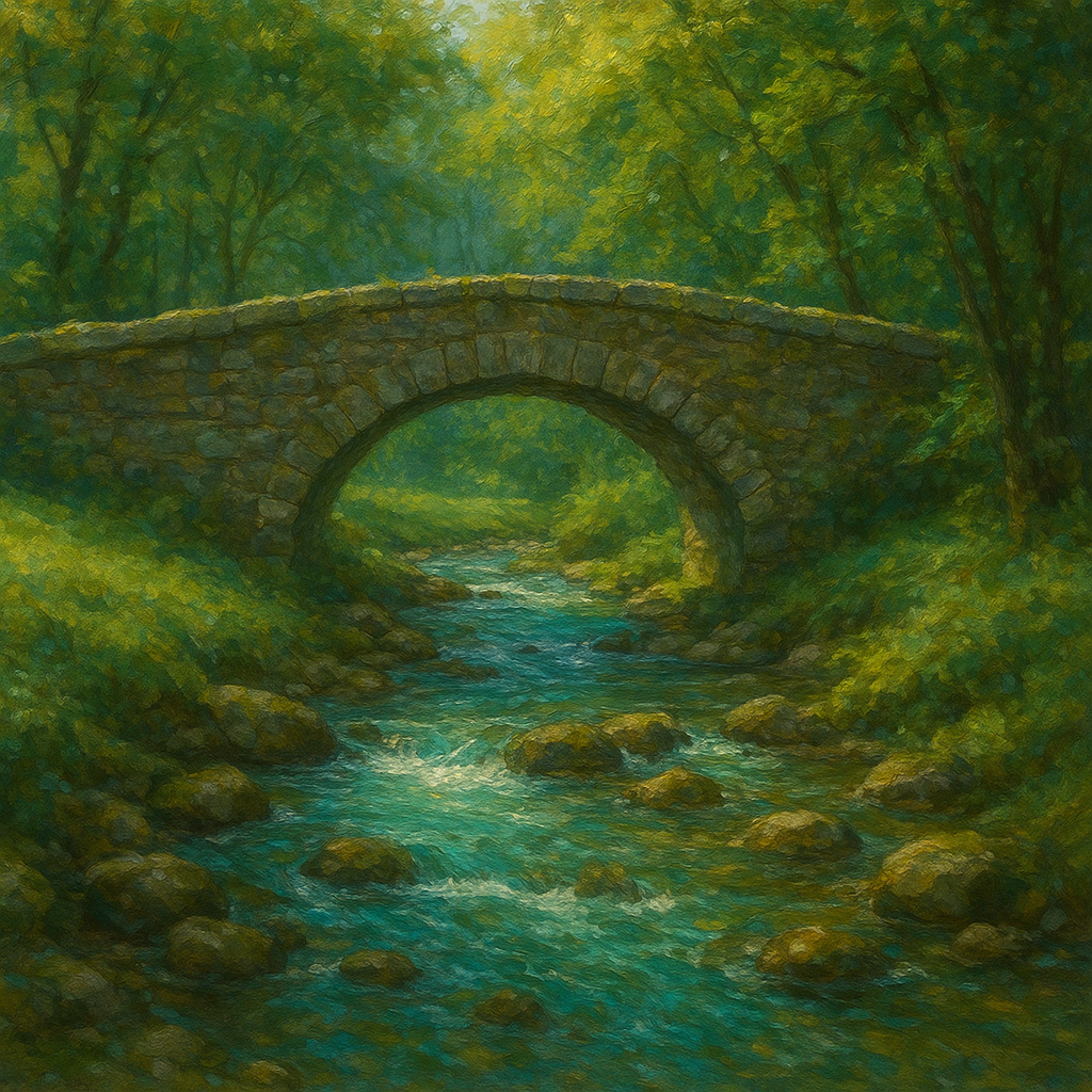 Old Stone Bridge over Bubbling Country Stream No. 9 Fine Art Oil Painting - View 1