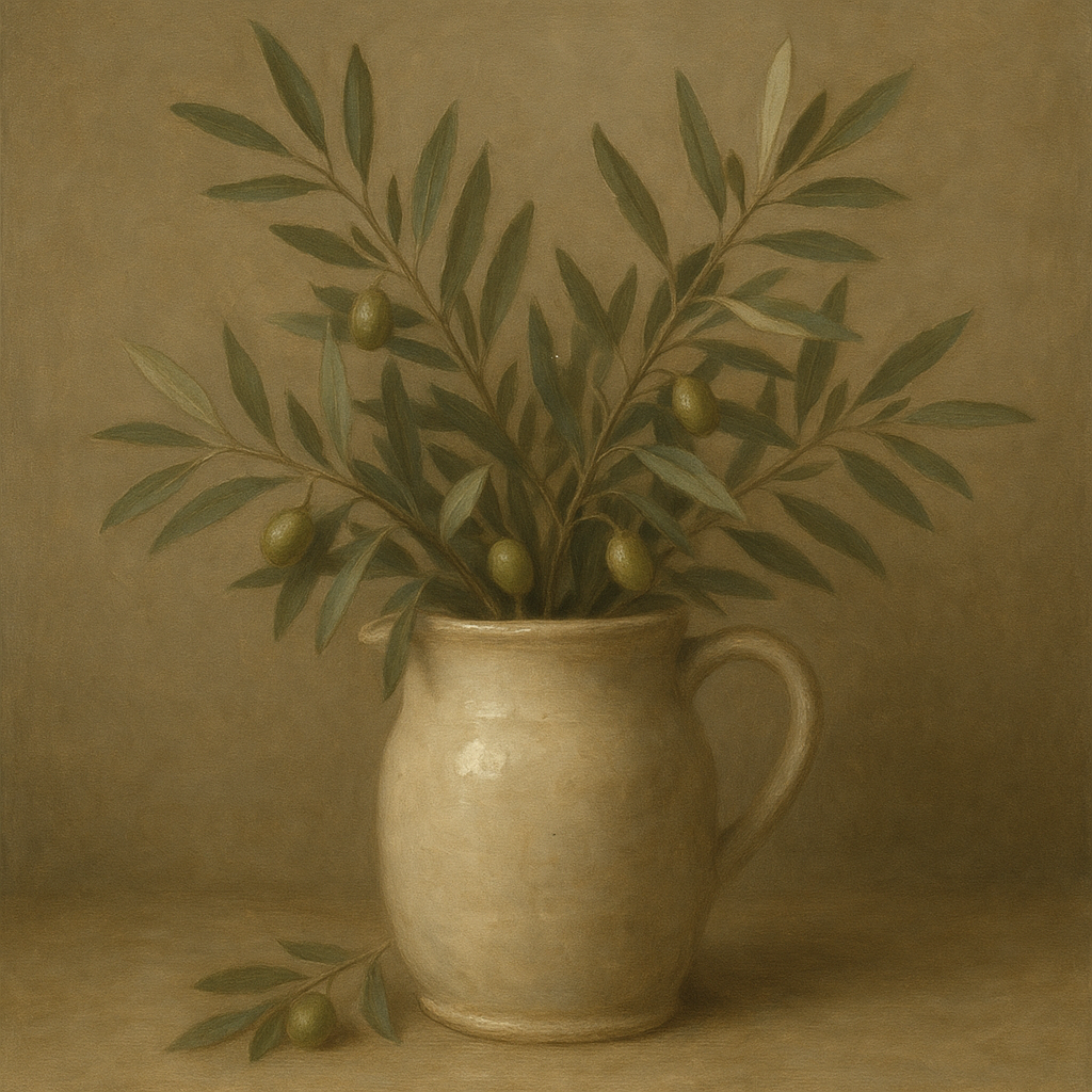 Wild Olive Sprigs in Stoneware Pitcher No. 2 Oil Painting - View 1