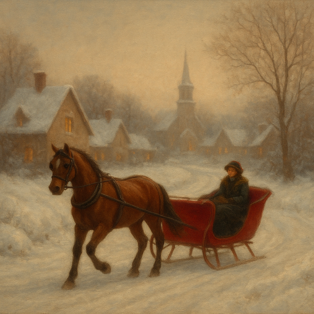 Horse-Drawn Sleigh on Village Snow Road No. 6 Oil Painting - View 1