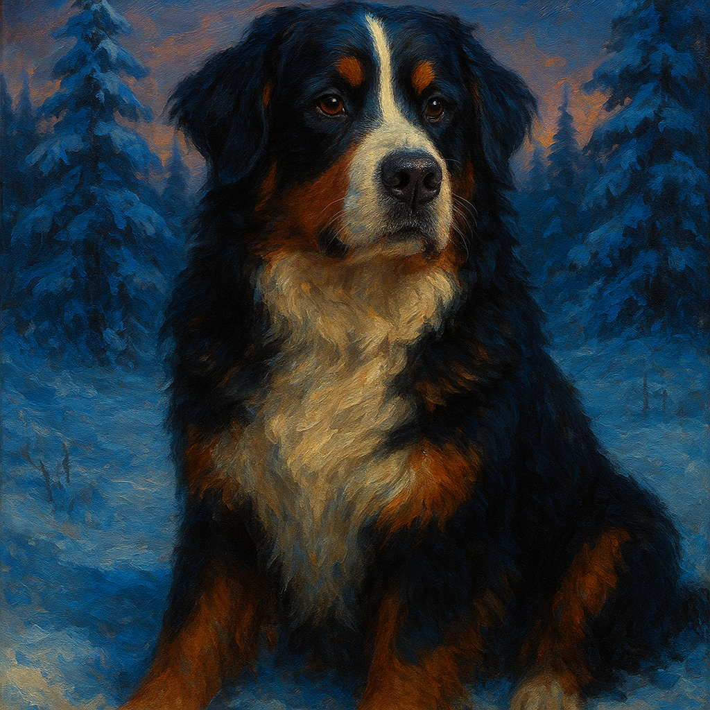 Bernese Mountain Dog in Winter Snowscape No. 9 Fine Art Oil Painting - View 1