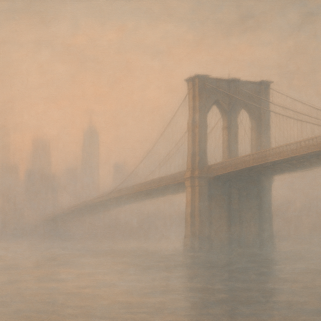 Brooklyn Bridge in Morning River Mist No. 7 Oil Painting - View 1