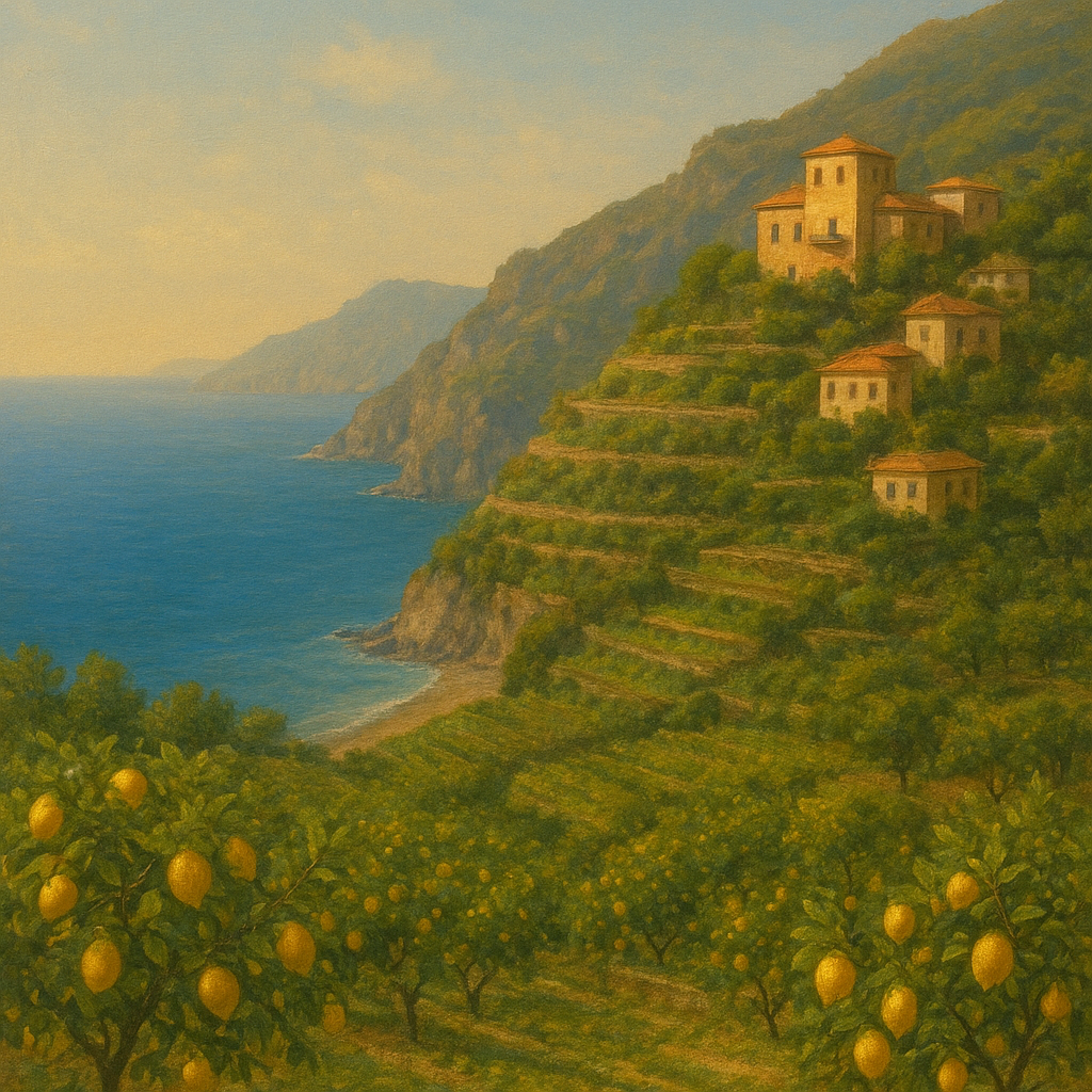 Italian Amalfi Coastline Terraces & Lemon Grove No. 8 Oil Painting 100% Hand Painted Oil on Belgian Linen Canvas, Original Fine Art Wall Decor