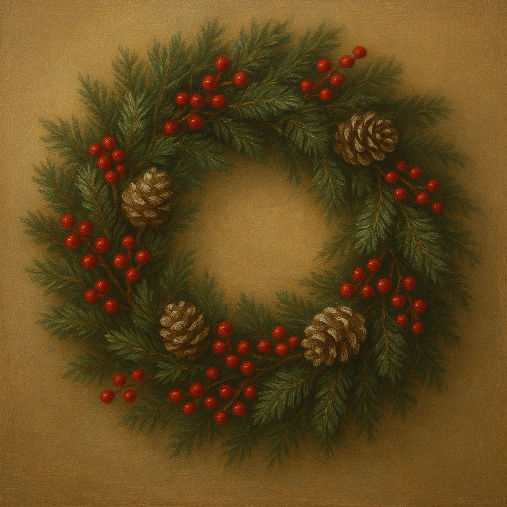 Vintage Holiday Botanical Wreath & Berries No. 8 Oil Painting - View 1