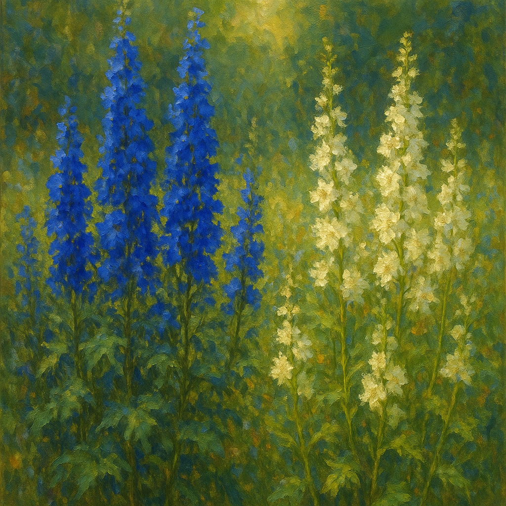 Wild Blue Delphiniums & White Larkspur Garden No. 2 Fine Art Oil Painting - View 1