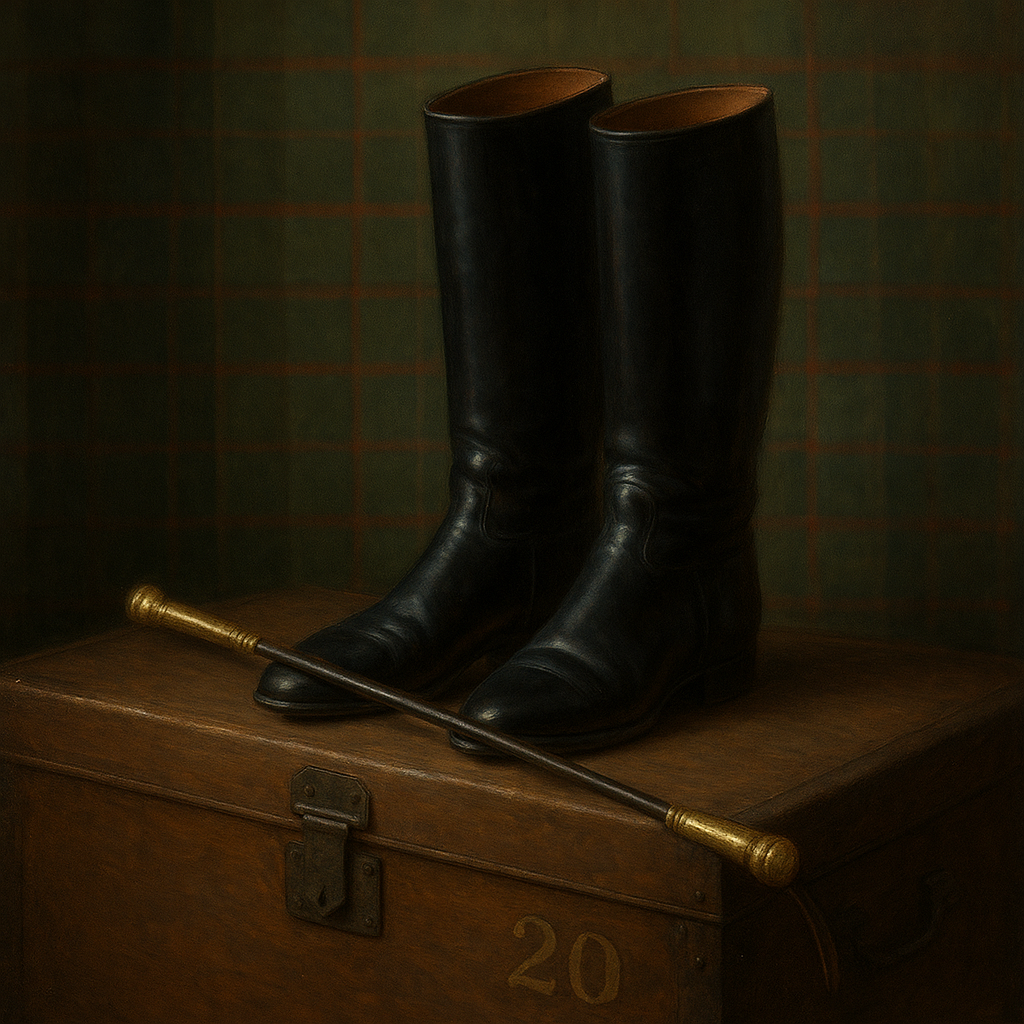 Vintage Riding Boots & Brass Crop on Trunk No. 20 Oil Painting - View 1