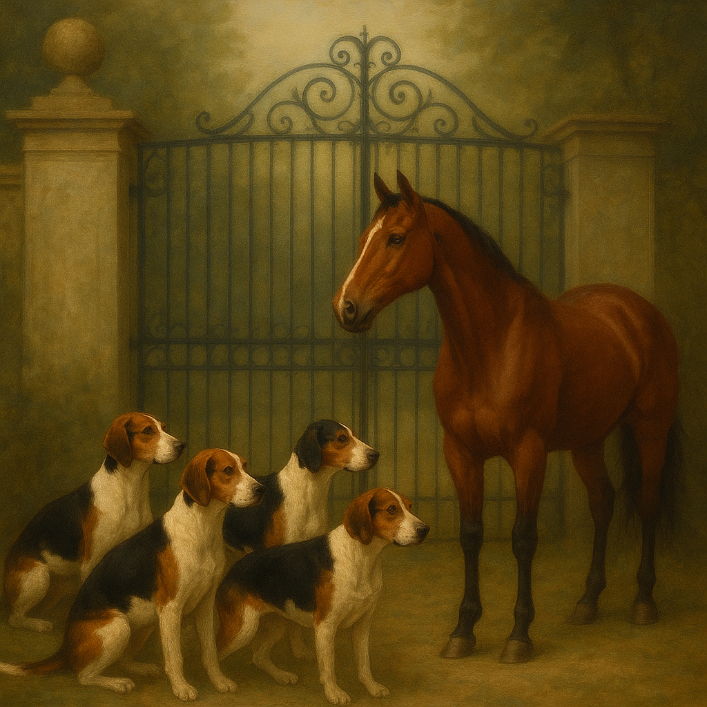 Hunting Hounds & Thoroughbred by Estate Gate No. 11 Oil Painting 100% Hand Painted Oil on Belgian Linen Canvas, Original Fine Art Wall Decor