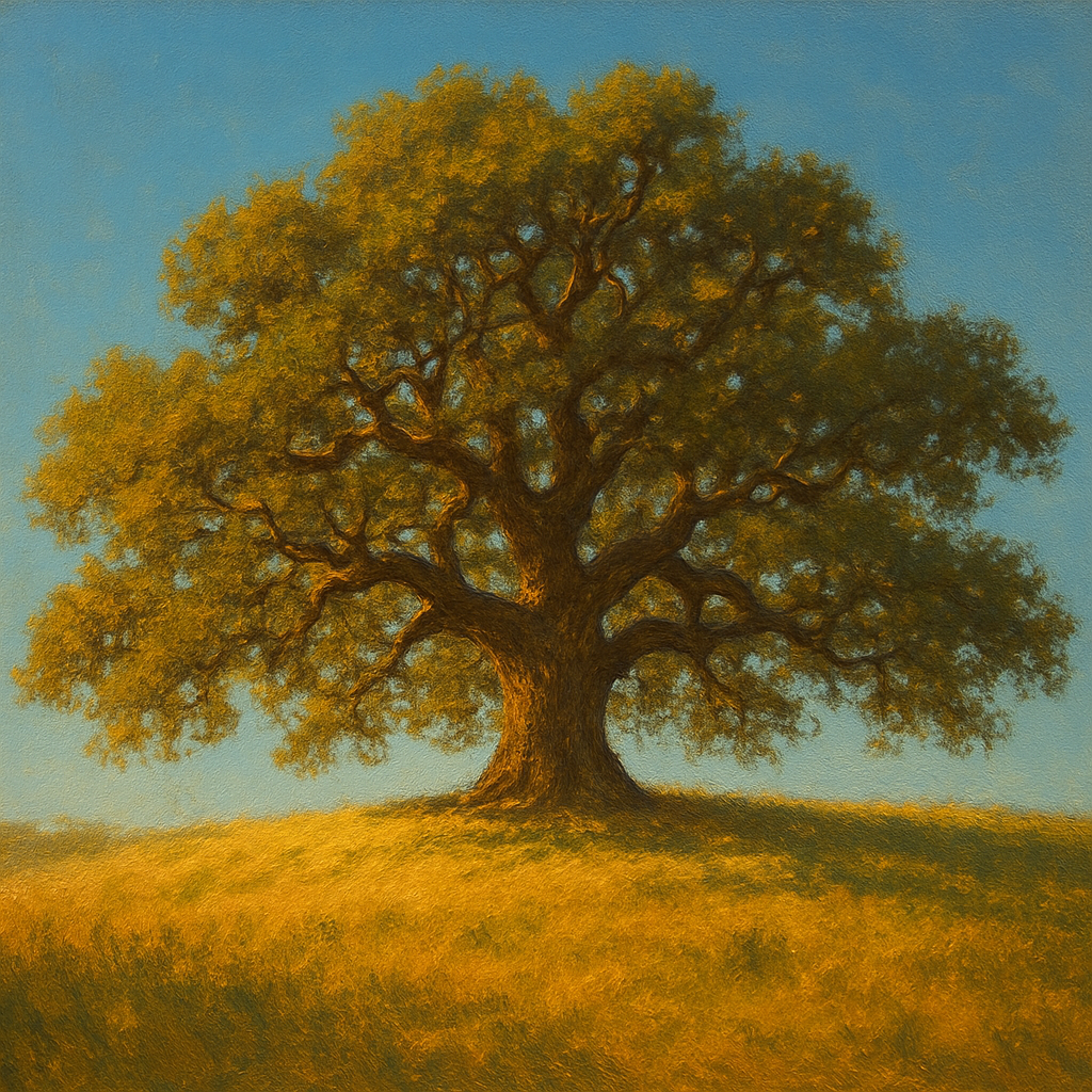 Old Oak Tree on Sunlit Meadow Ridge No. 9 Fine Art Oil Painting - View 1